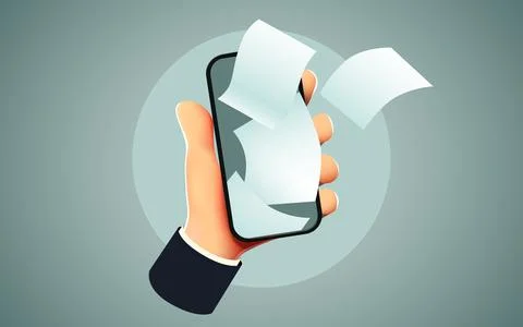 Hands holding smartphone with sheets of paper. Digital document flow. Illustrazione stock