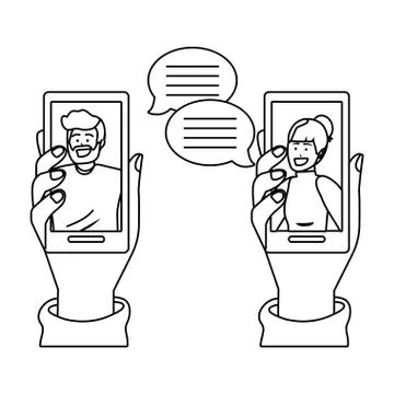 Hands holding smartphone tech black and white Stock Illustration