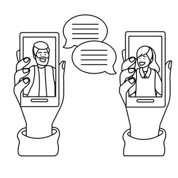 Hands holding smartphone tech black and white Stock Illustration