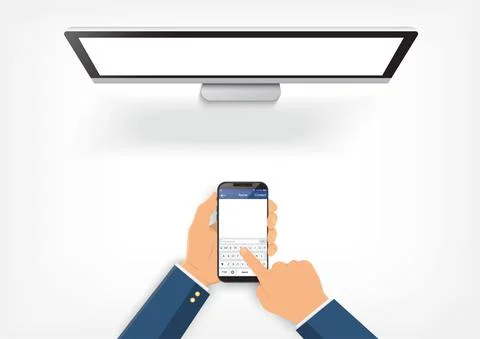Hands holding smartphone with text screen. smartphone is connected to compute Stock Illustration
