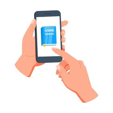 Hands holding smartphone, touching screen, reading user manual for education 스톡 일러스트