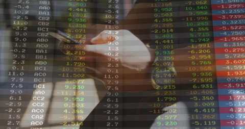 Hands holding smartphone tracking translucent stock ticker overlay in animated Video stock 309108745