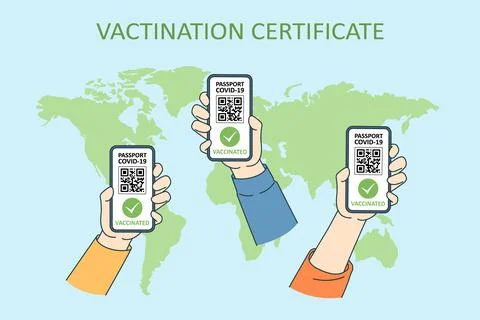 Hands holding smartphones with the QR code of the health passport, Covid-19 i 스톡 일러스트