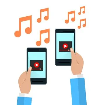 Hands holding smartphonewith video player on screen. flat illustration. Stock Illustration