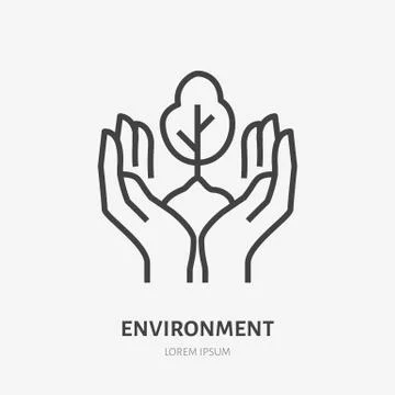 Hands holding soil with tree flat line icon. Vector thin sign of environment Stock Illustration