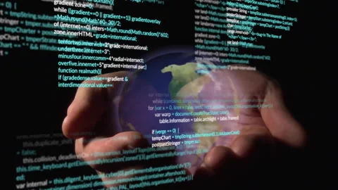 Hands holding spinning digital globe while code lines streaming across dark Stock Footage 309111122