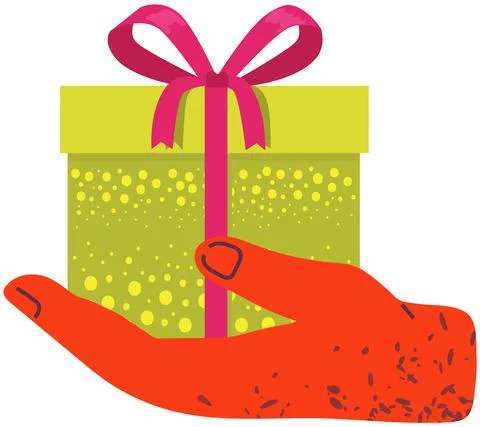 Hands holding stack of birthday gifts in wrapped boxes. Giftboxes with presents Illustrazione stock