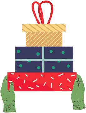 Hands holding stack of birthday gifts in wrapped boxes. Giftboxes with presents Illustrazione stock