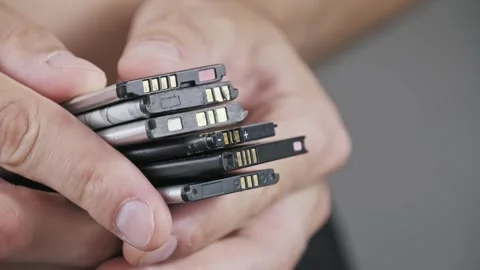 Hands Holding a Stack of Used Mobile Phone Lithium Batteries Stock Footage 315410457