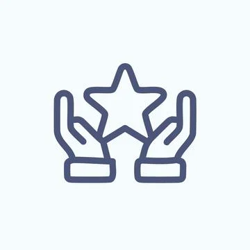 Hands holding a star icon. Simple line icon of two hands holding a star, re.. Stock Illustration