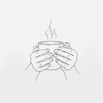 Hands holding steaming hot coffee cup line art Silhouette Stock Illustration