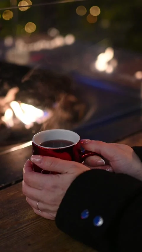 Hands Holding a Steaming Hot Drink by the Fire at a Christmas Market Vídeo Stock 318184378