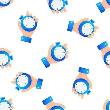 Hands holding stopwatch in seamless pattern representing time management Illustrazione stock