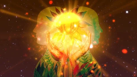 Hands holding the Sunlight Energy between the Centre of 2 Human Energy Beings Stock Footage 94193489