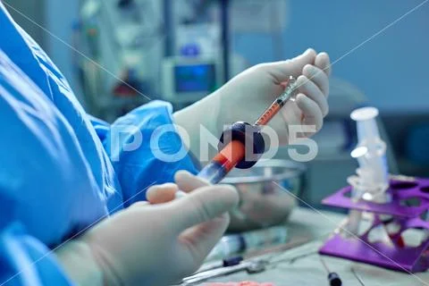 Hands Holding Syringe and Transfer Fat with Nano Fat Transfer Tool in Operation Stock Photos