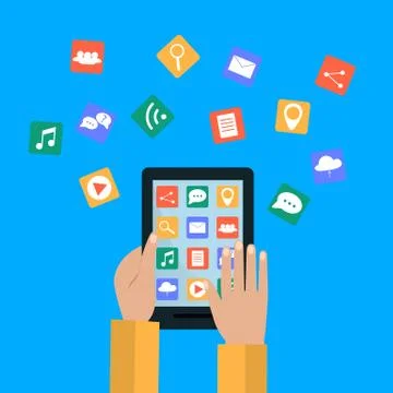 Hands Holding Tablet and Connect to Modern Cloud Services Stock Illustration