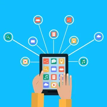 Hands Holding Tablet and Connect to Modern Cloud Services Stock Illustration