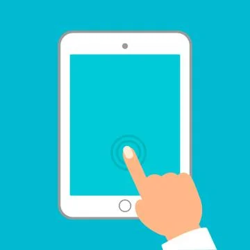 Hands holding tablet and pointing on the blank screen, colorful, graphic design Illustrazione stock