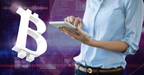 Hands holding tablet with bitcoin symbol icon Stock Photos