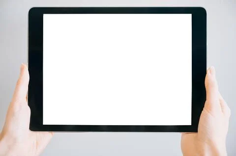 Hands Holding Tablet with Blank Screen Mockup Stock Photos