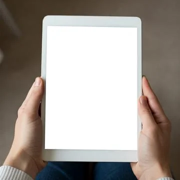 Hands holding a tablet with a blank white screen Stock Photos