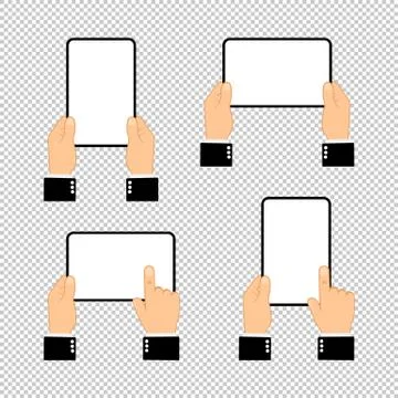 Hands holding tablet computer with blank screen. Flat design concept on isola Stock Illustration
