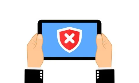 Hands holding tablet computer with check mark cross X in the red shield . Fla Stock Illustration