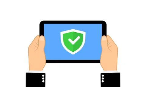 Hands holding tablet computer with check mark tick in the shield . Flat desig 库存插图