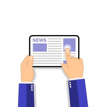 Hands holding tablet computer with news icon on the screen.. Flat design conc Stock Illustration