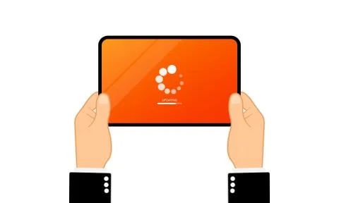 Hands holding tablet computer with software update. Downloading data concept. イラスト素材