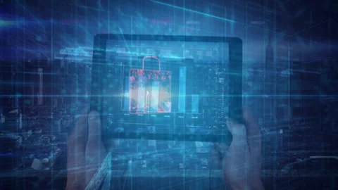Hands holding tablet with digital lock animation over futuristic blue background Stock Footage 303840807
