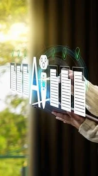 Hands holding a tablet with digital overlay of AI robot and document icons,.. Stock Photos