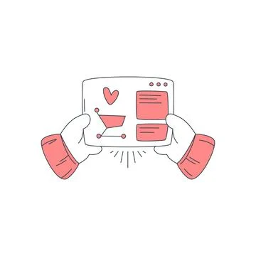 Hands holding a tablet displaying an e-commerce website. Symbolizes modern di Stock Illustration
