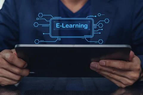 Hands Holding Tablet with E Learning Concept in Digital Format Stockfoto's