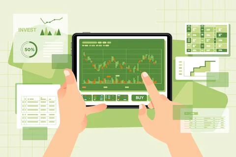 Hands holding a tablet with financial chart and graph data analysis concept Illustrazione stock