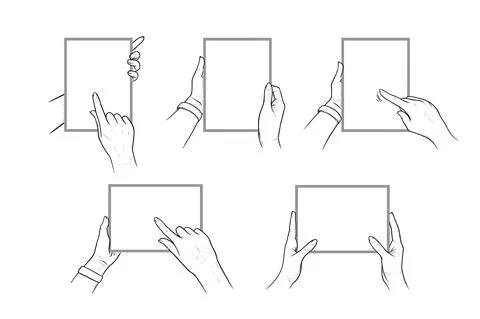 Hands holding tablet with finger pointing in touchscreen. Set of tablets in Stock Illustration