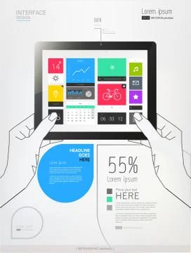 Hands holding a tablet with interface template Stock Illustration