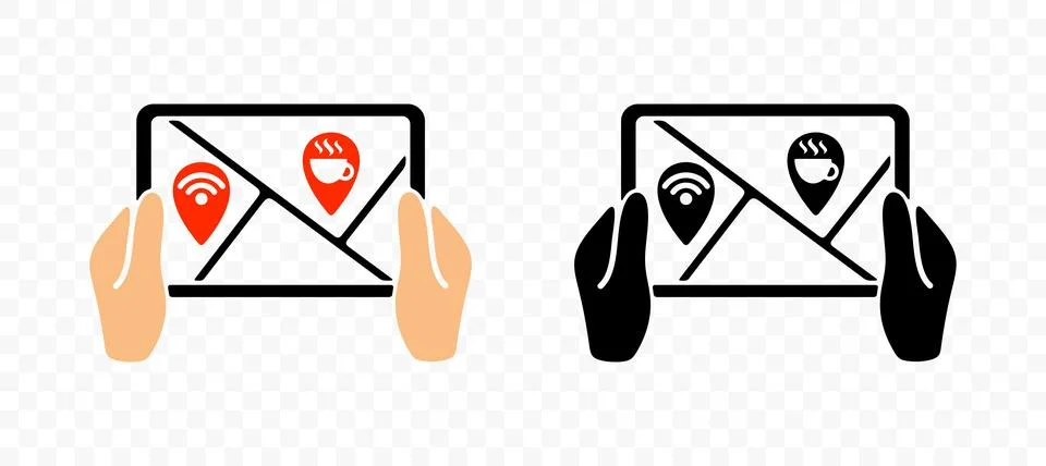 Hands holding tablet, map with pinpoints, geolocation and location Stock Illustration