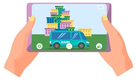 Hands holding tablet pc with car in town. Business presentation of best cars in Stock Illustration
