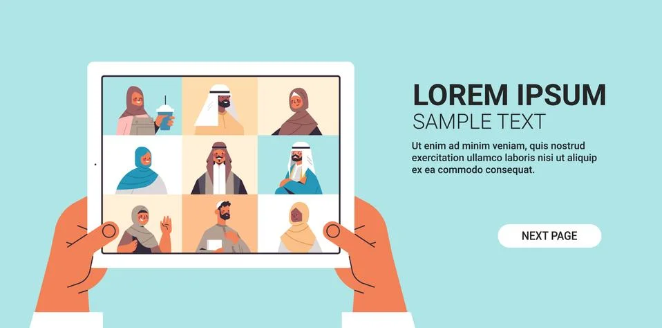 Hands holding tablet pc chatting with arabic friends during video call people Stock Illustration