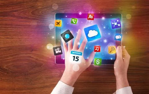 Hands holding tablet 스톡 사진