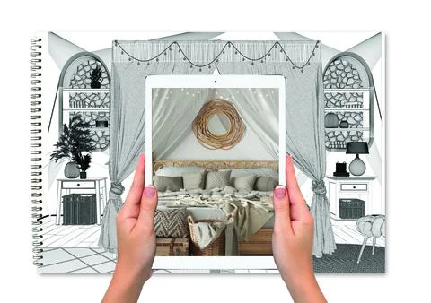 Hands holding tablet showing boho bedroom, notebook with blueprint sketch bac Stock-Illustration
