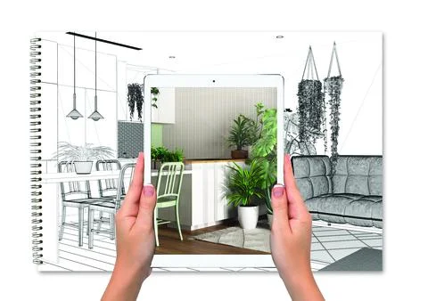 Hands holding tablet showing kitchen and living room, total blank project b.. Stock Illustration