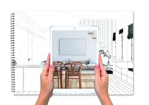 Hands holding tablet showing kitchen, notebook with blueprint sketch backgr.. Stock Illustration