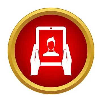 Hands holding tablet showing user profile icon 스톡 일러스트