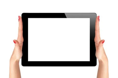 Hands holding a tablet touch computer gadget Foto stock