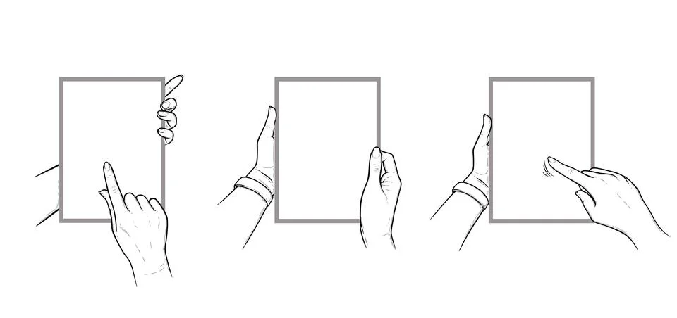 Hands holding tablet with touchscreen gestures. Set of vertical tablets in hands Illustrazione stock