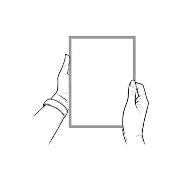 Hands holding tablet with touchscreen. Vertical tablet in hands of a human Stock Illustration