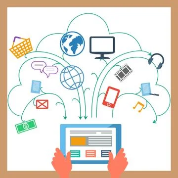 Hands holding tablet with user interface elements Stock Illustration