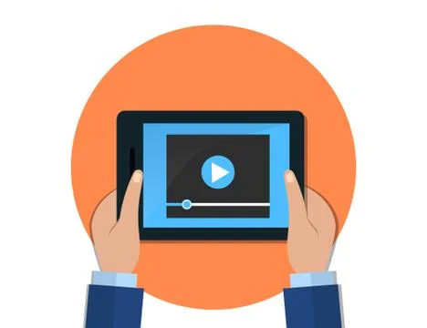 Hands holding tablet with video player on screen. flat illustrat Illustrazione stock